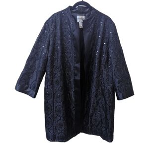 Chico's Embroidered Sequinned Black Taffeta Open Front Evening Topper (L)